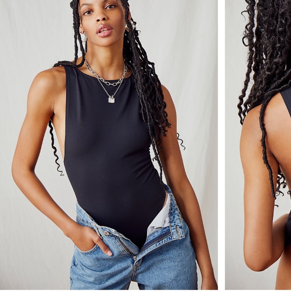 Free People Black Boatneck Bodysuit